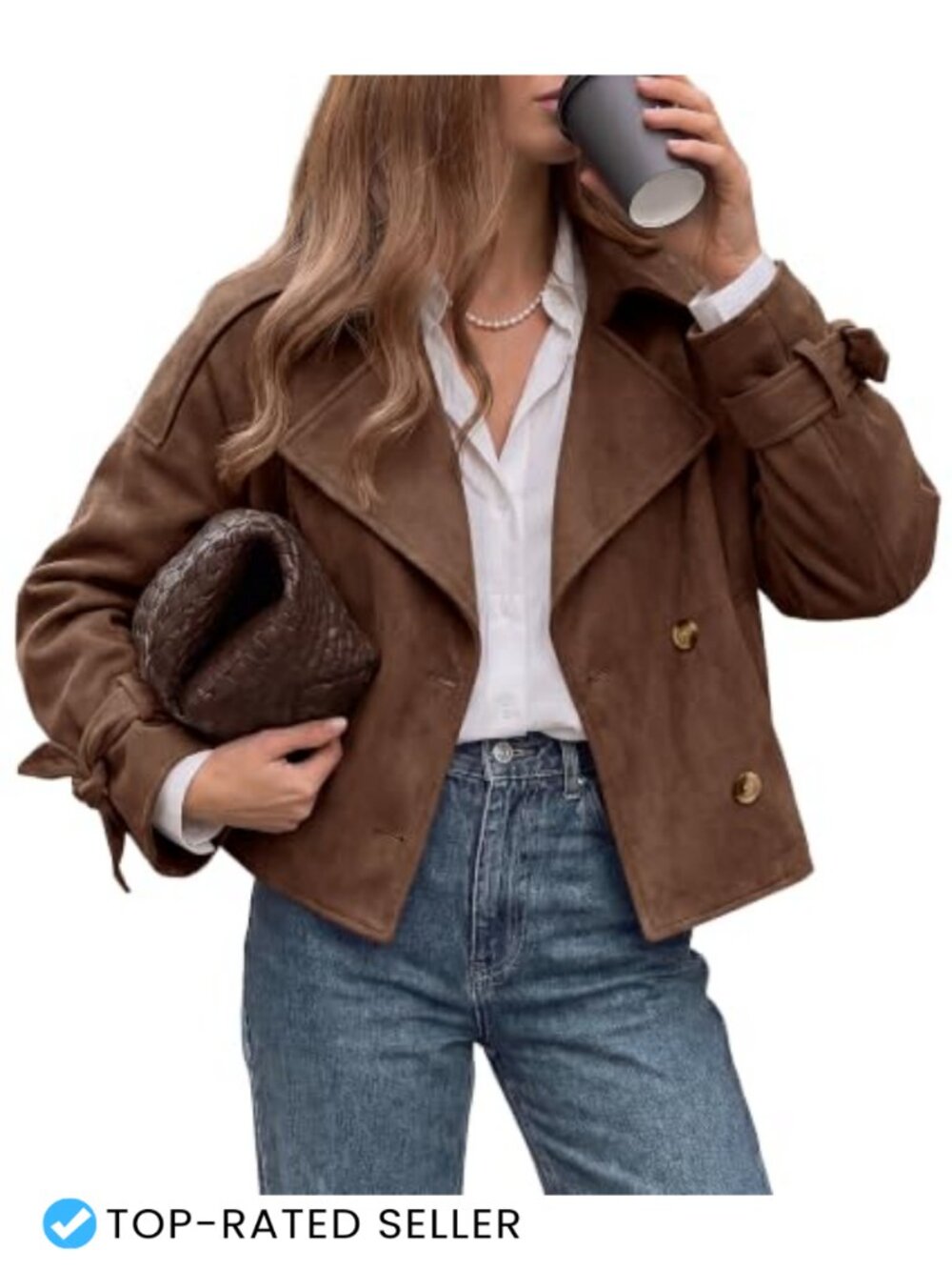 Faux Suede Double Breasted Cropped Trench Coat Tie Cuff Jacket